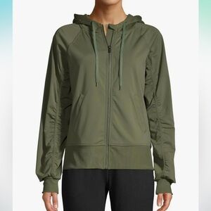 Athleisure Zip Front Hooded Jacket with Shirred Sleeves Size M Green